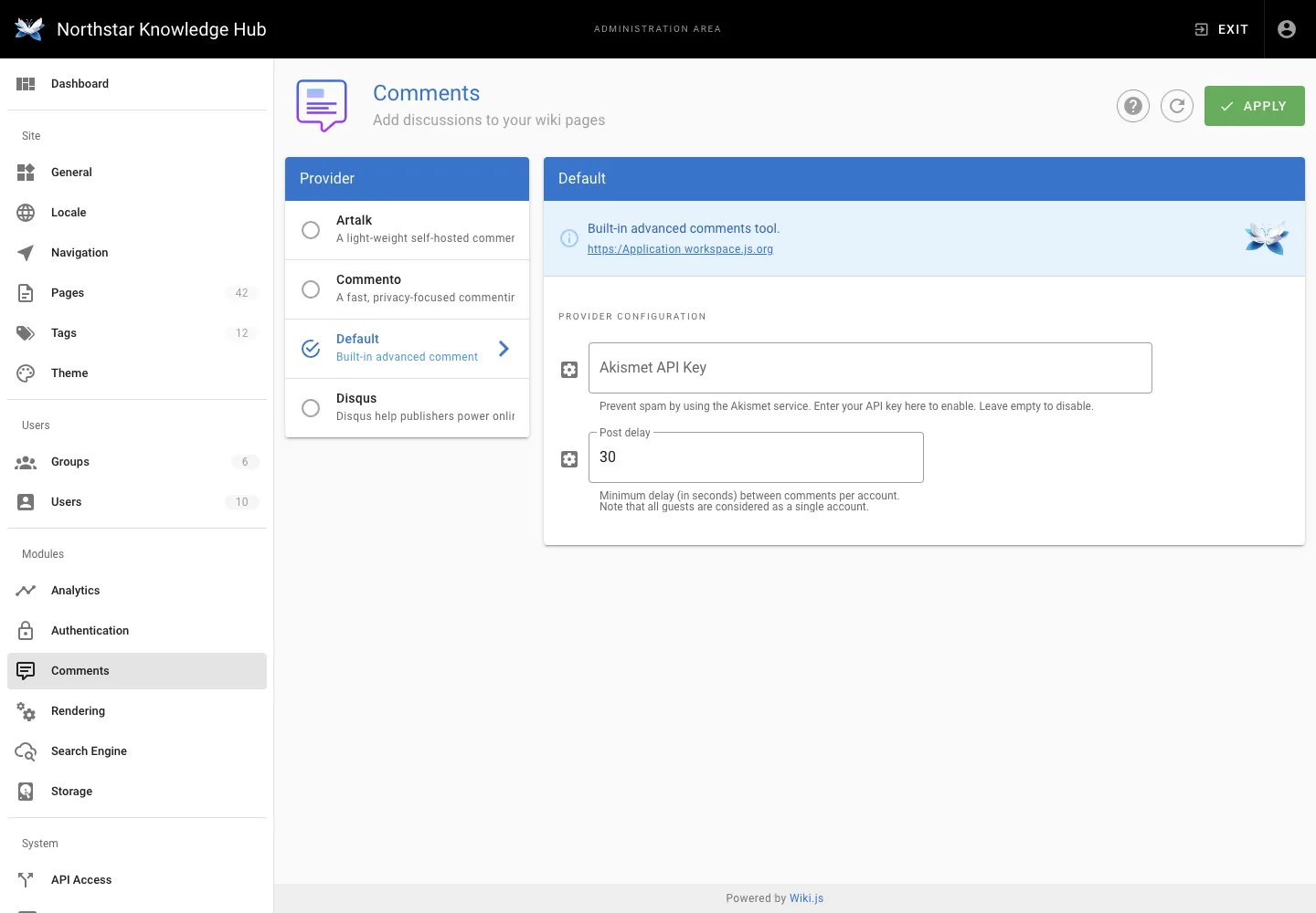Comment settings - desktop light theme in the Wiki.js interface