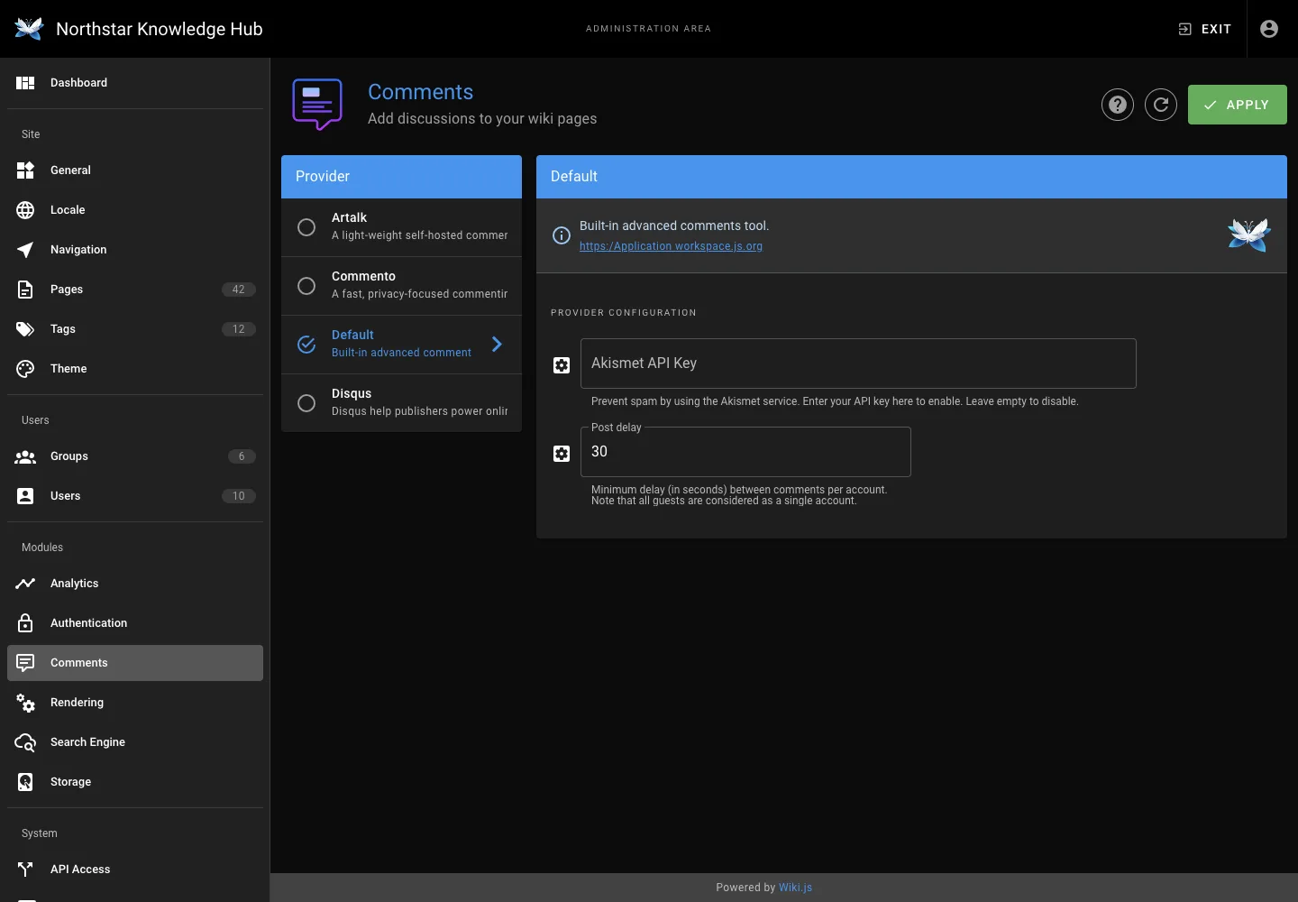 Comment settings - desktop dark theme in the Wiki.js interface