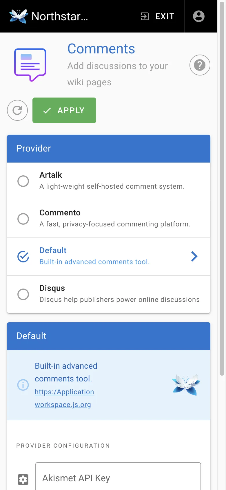 Comment settings - mobile light theme in the Wiki.js interface