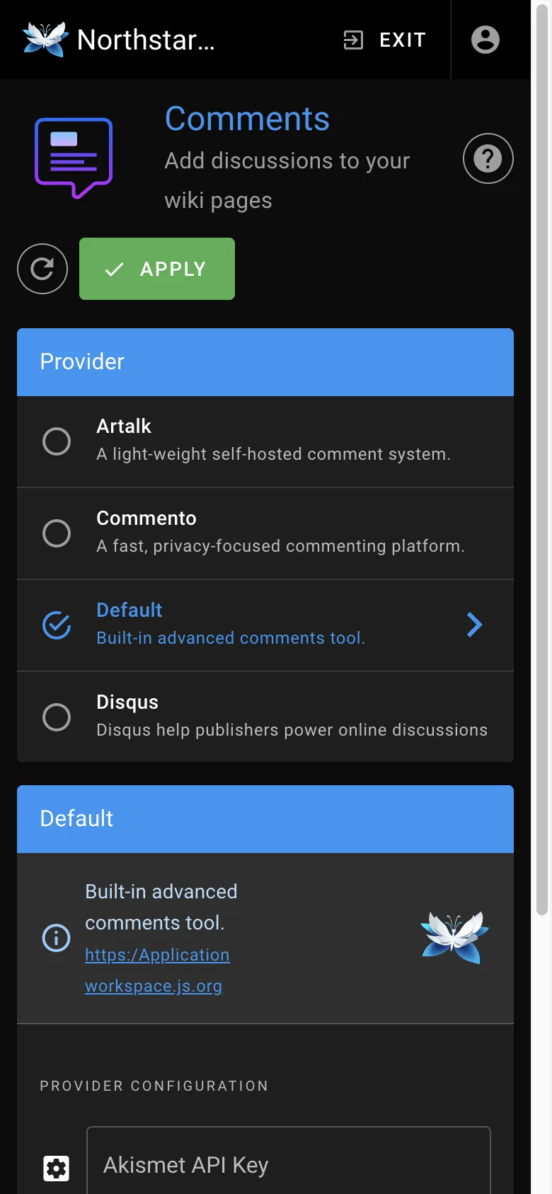 Comment settings - mobile dark theme in the Wiki.js interface