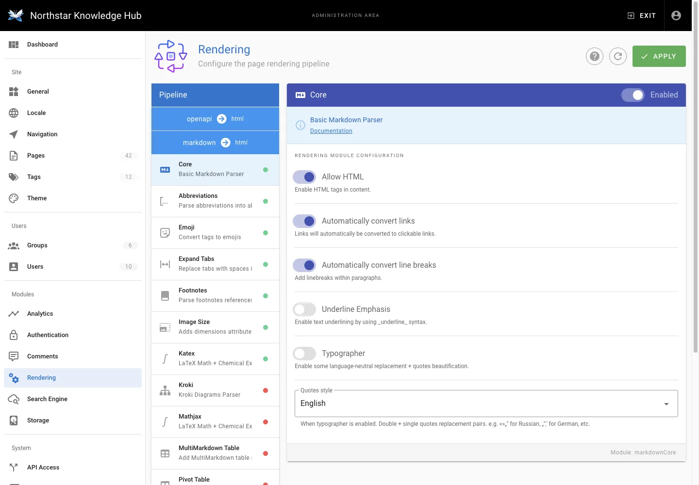 Rendering settings - desktop light theme in the Wiki.js interface