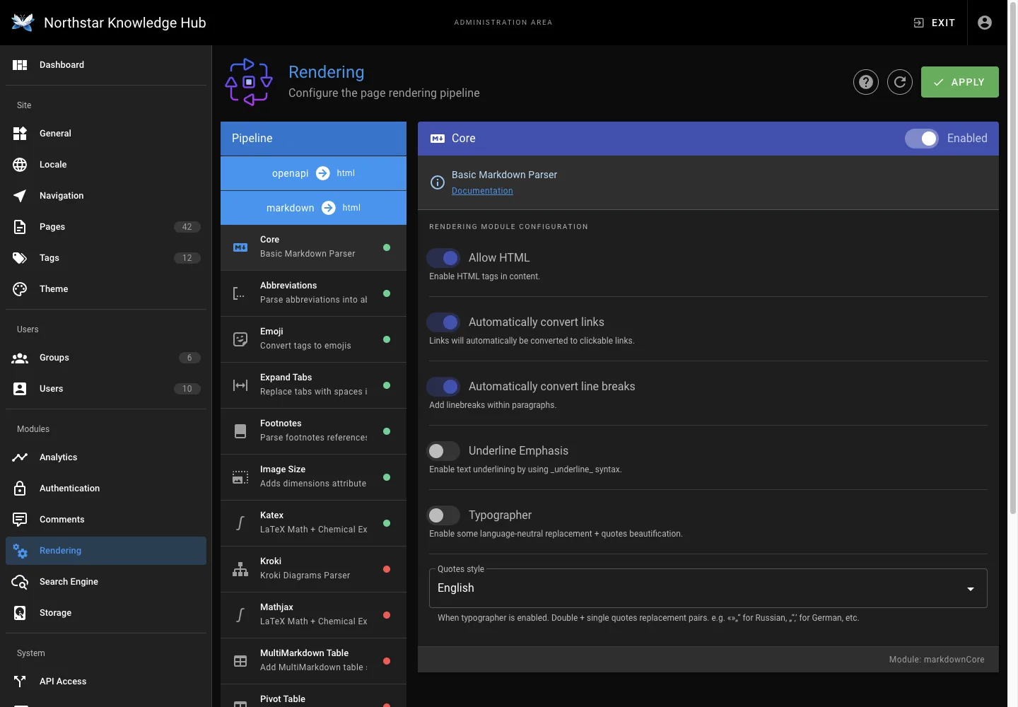 Rendering settings - desktop dark theme in the Wiki.js interface