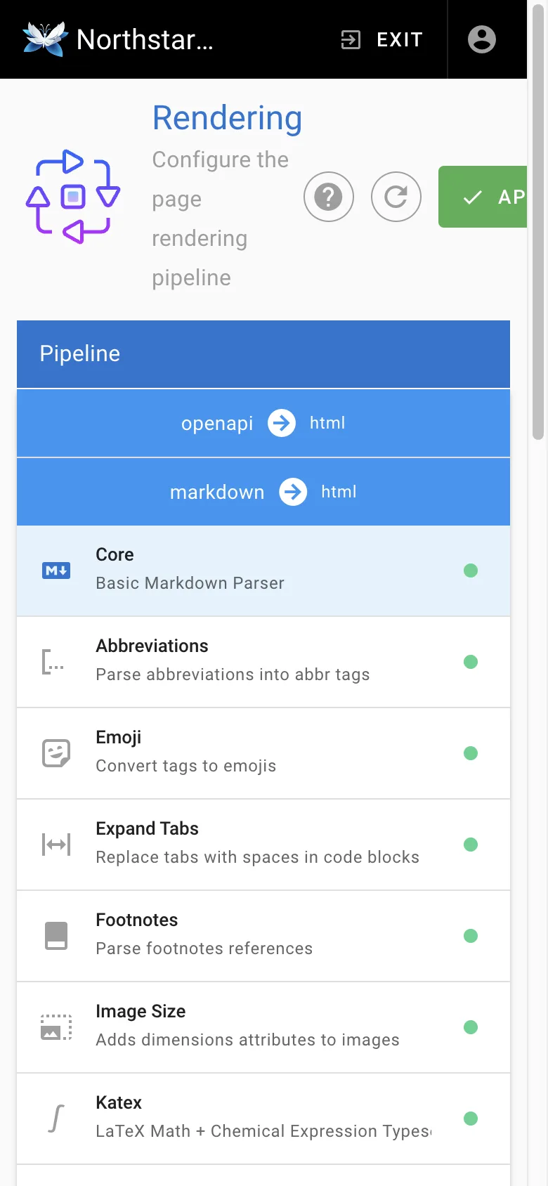 Rendering settings - mobile light theme in the Wiki.js interface