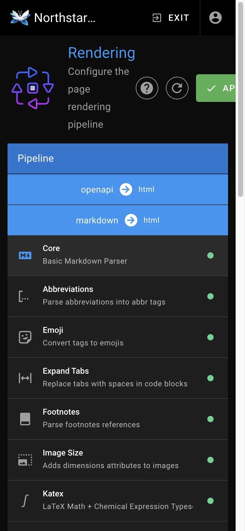 Rendering settings - mobile dark theme in the Wiki.js interface