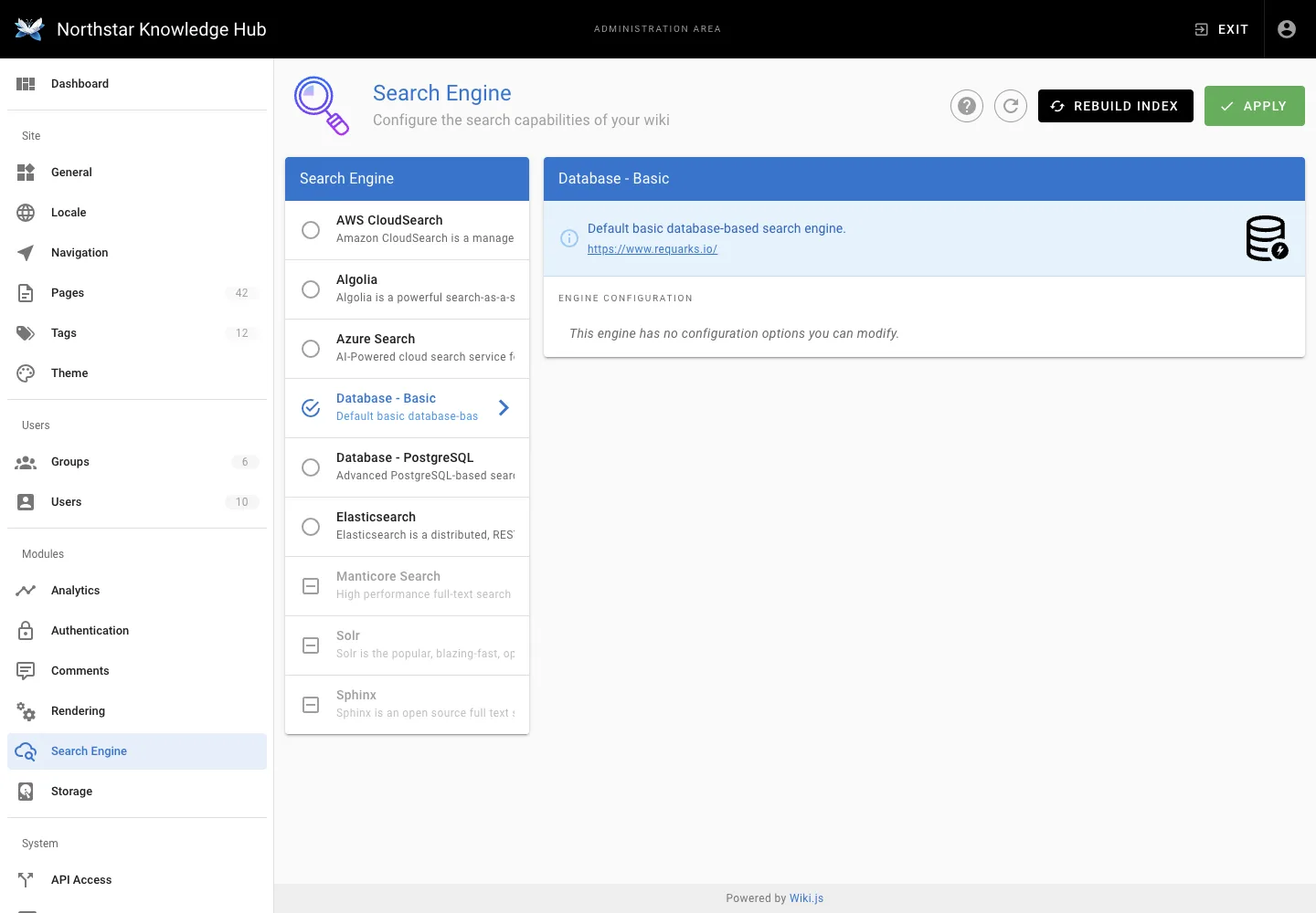 Search engine settings - desktop light theme in the Wiki.js interface