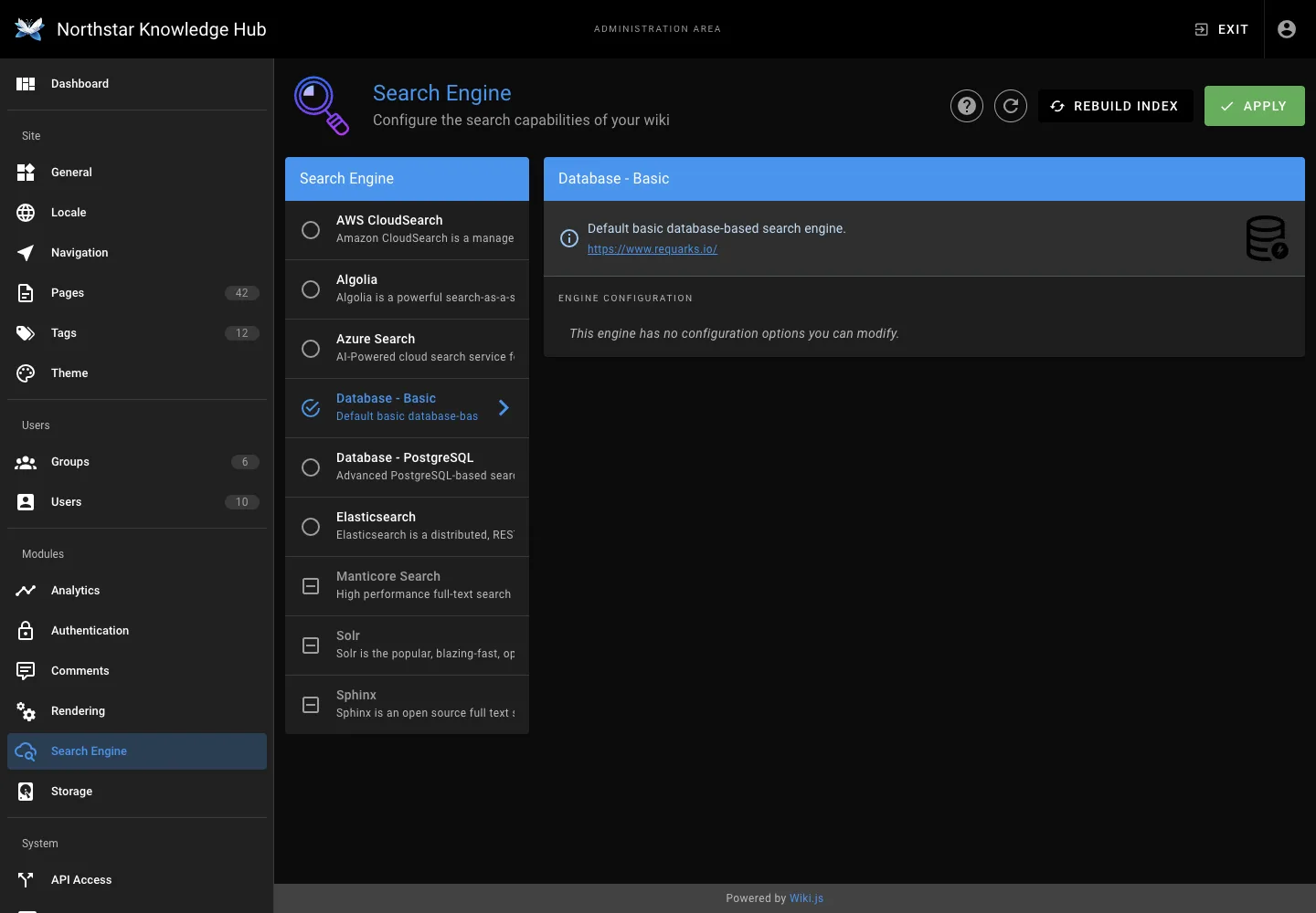 Search engine settings - desktop dark theme in the Wiki.js interface