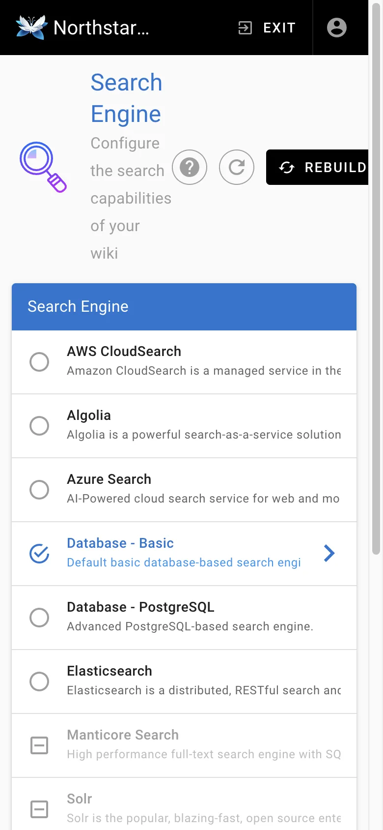 Search engine settings - mobile light theme in the Wiki.js interface