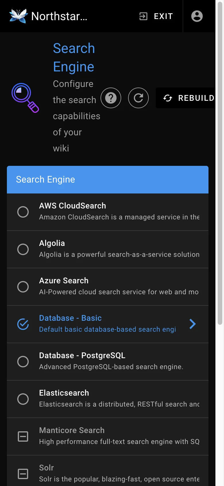 Search engine settings - mobile dark theme in the Wiki.js interface