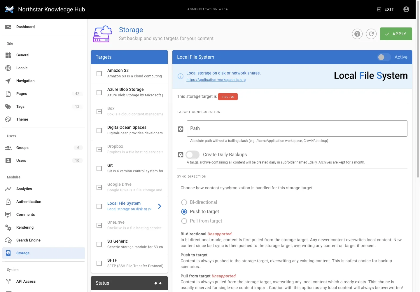 Storage settings - desktop light theme in the Wiki.js interface