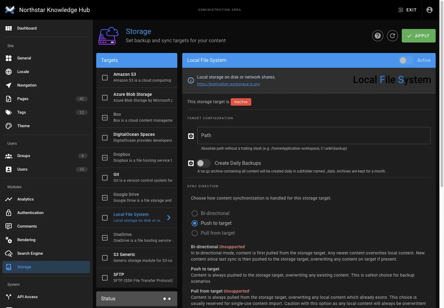 Storage settings - desktop dark theme in the Wiki.js interface