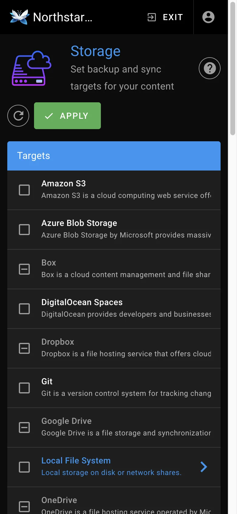 Storage settings - mobile dark theme in the Wiki.js interface