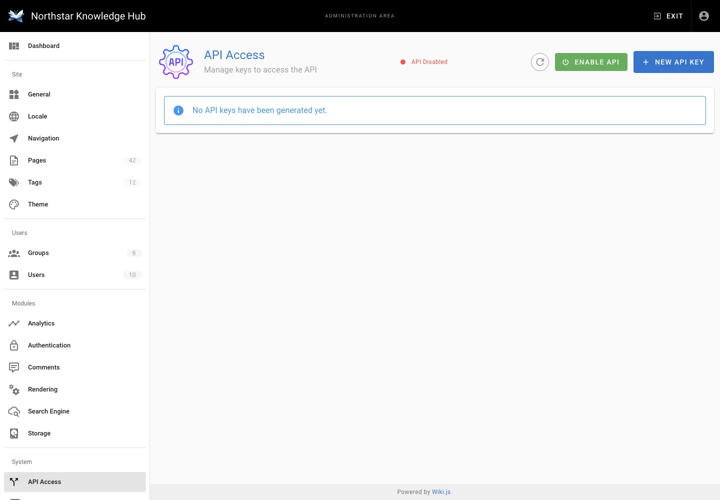 API access - desktop light theme in the Wiki.js interface
