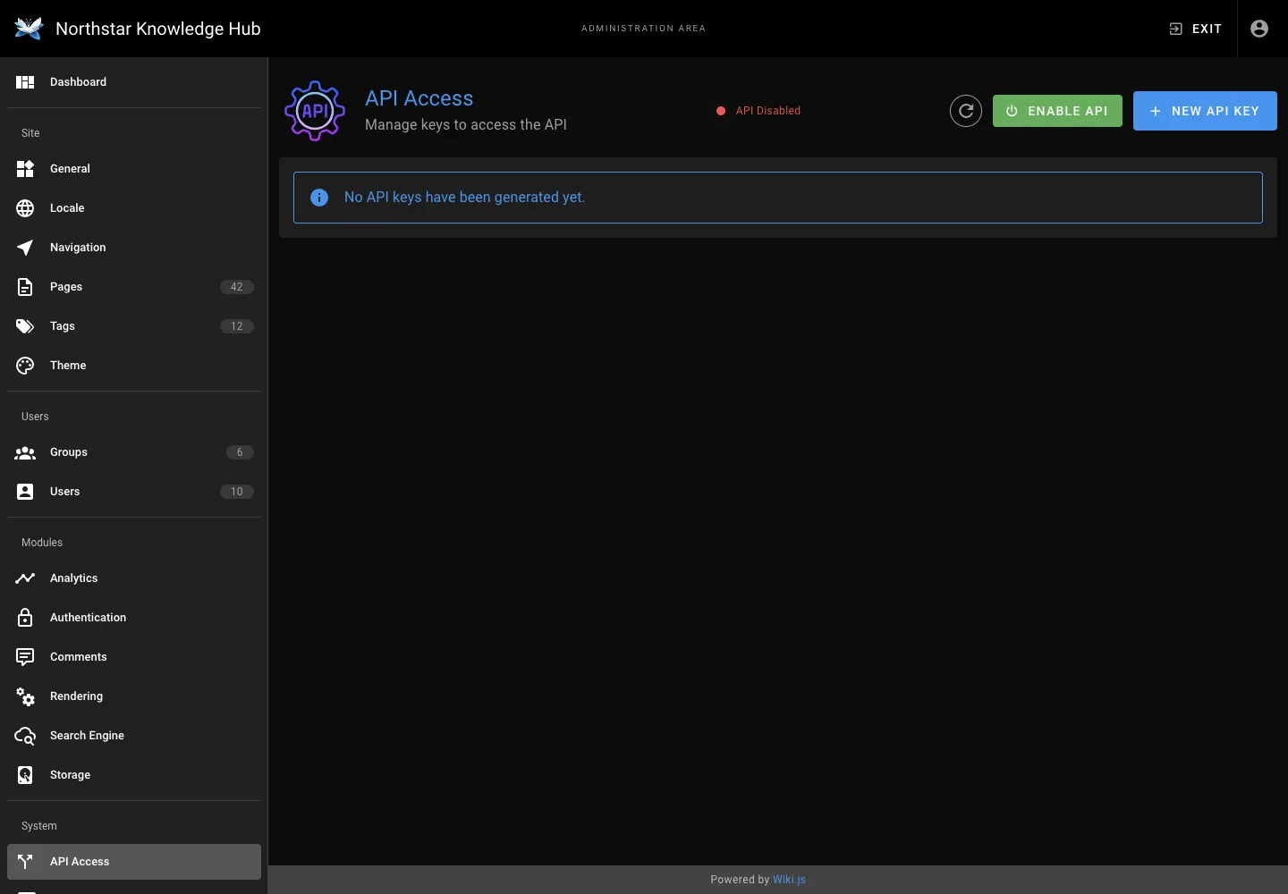 API access - desktop dark theme in the Wiki.js interface