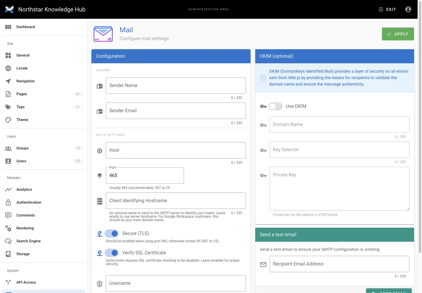 Mail settings - desktop light theme in the Wiki.js interface