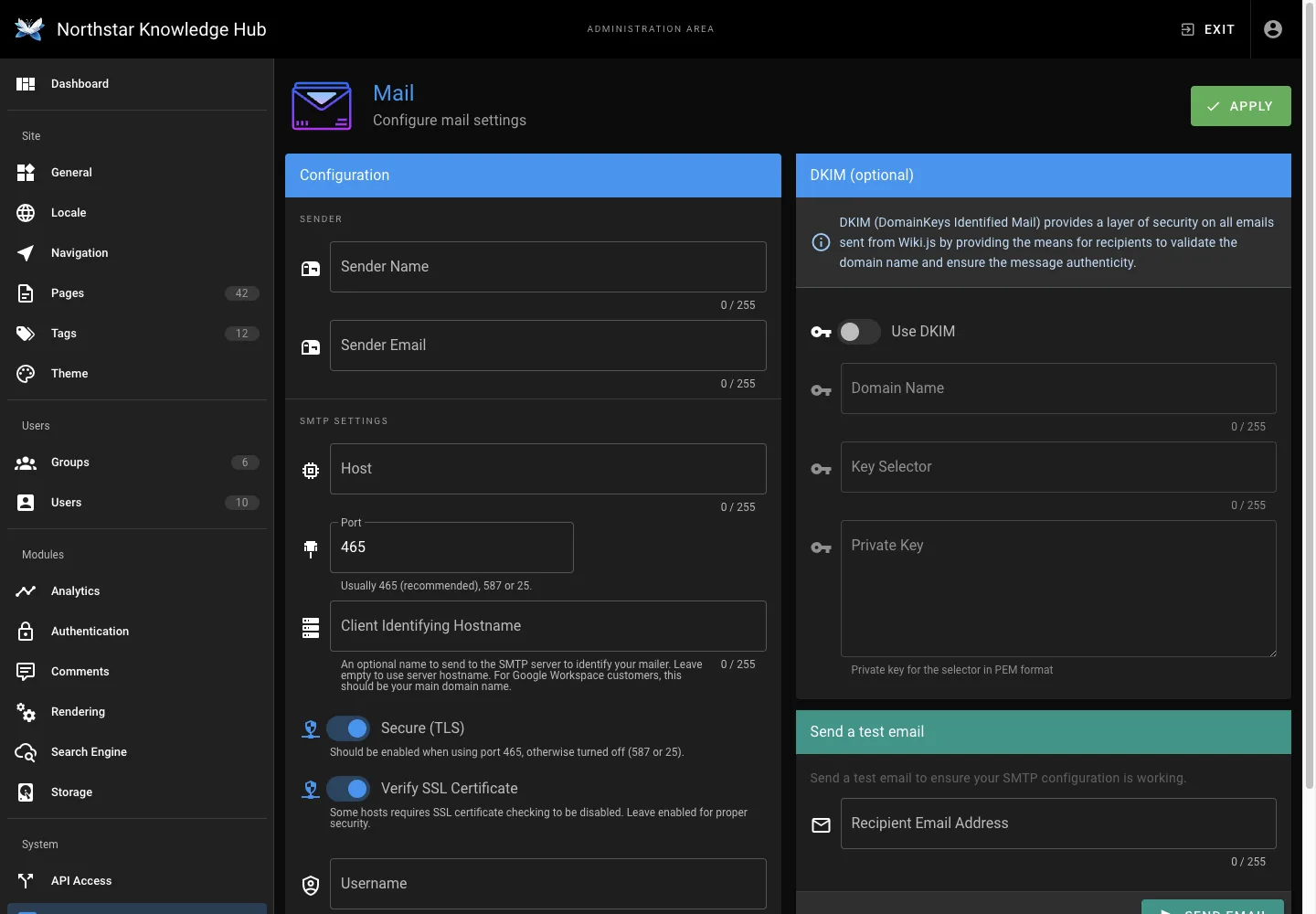 Mail settings - desktop dark theme in the Wiki.js interface