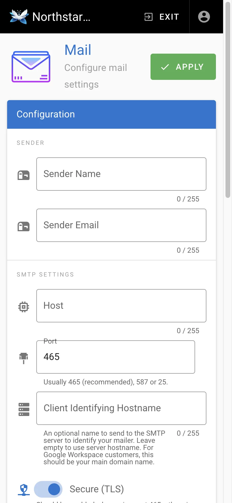 Mail settings - mobile light theme in the Wiki.js interface