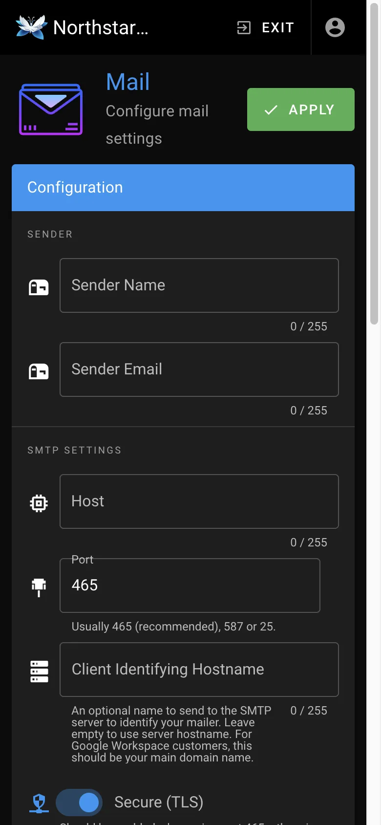 Mail settings - mobile dark theme in the Wiki.js interface