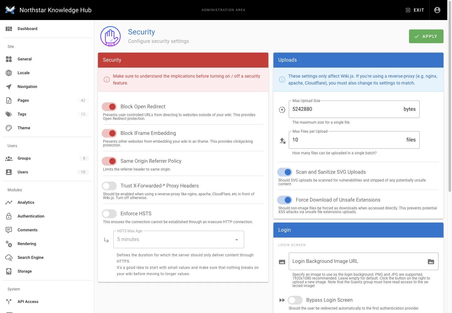 Security settings - desktop light theme in the Wiki.js interface