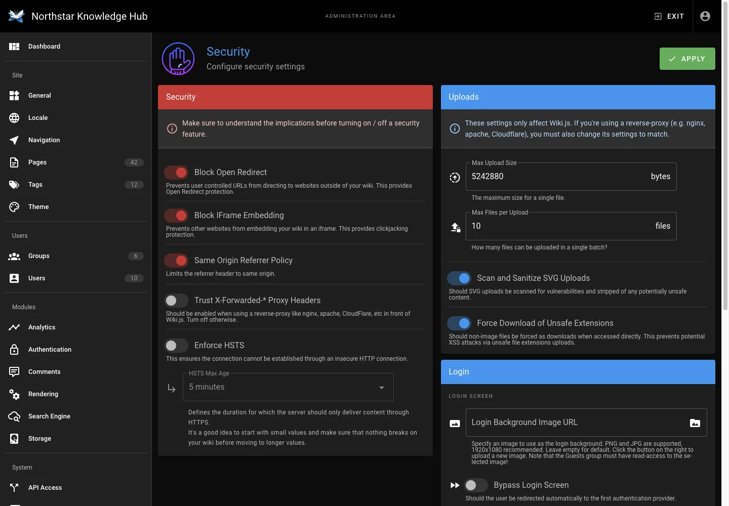 Security settings - desktop dark theme in the Wiki.js interface