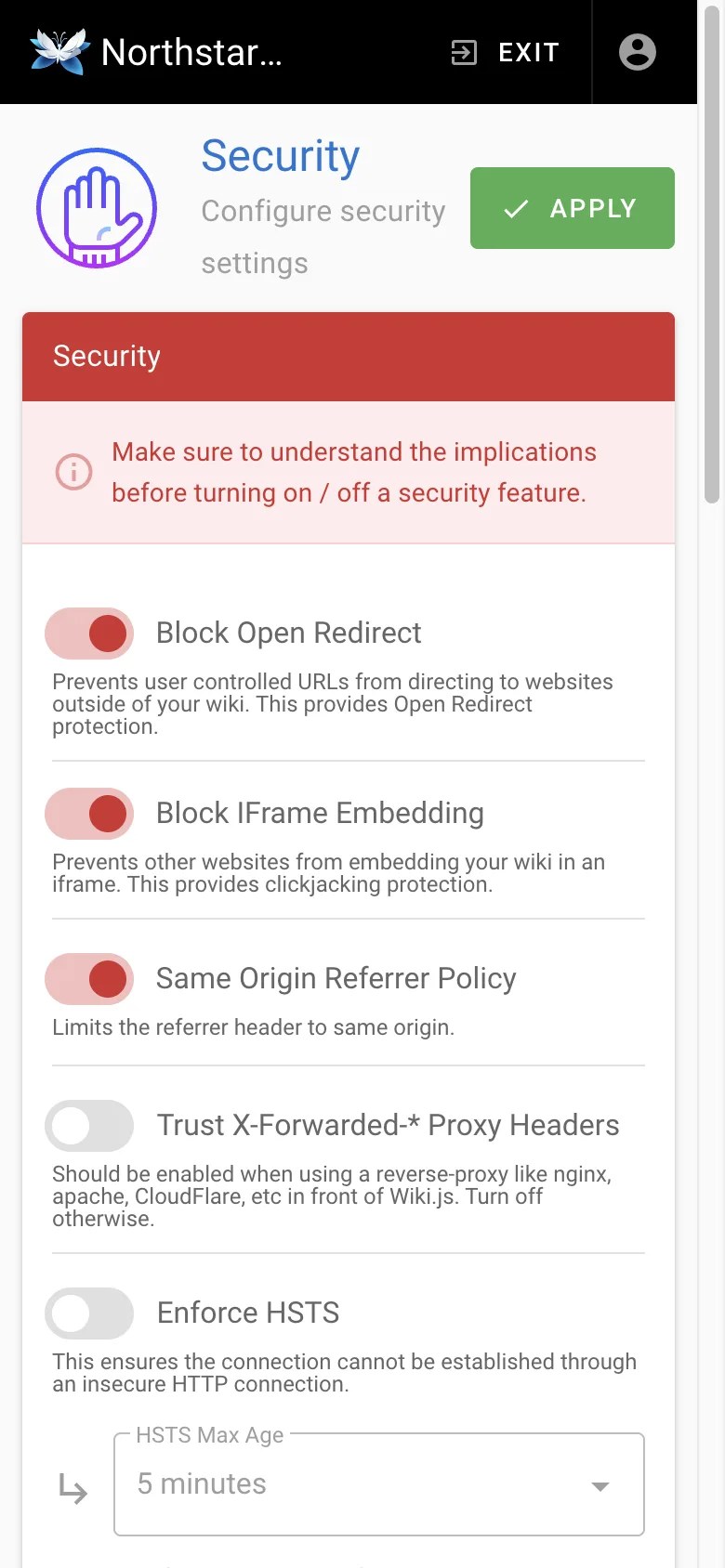 Security settings - mobile light theme in the Wiki.js interface