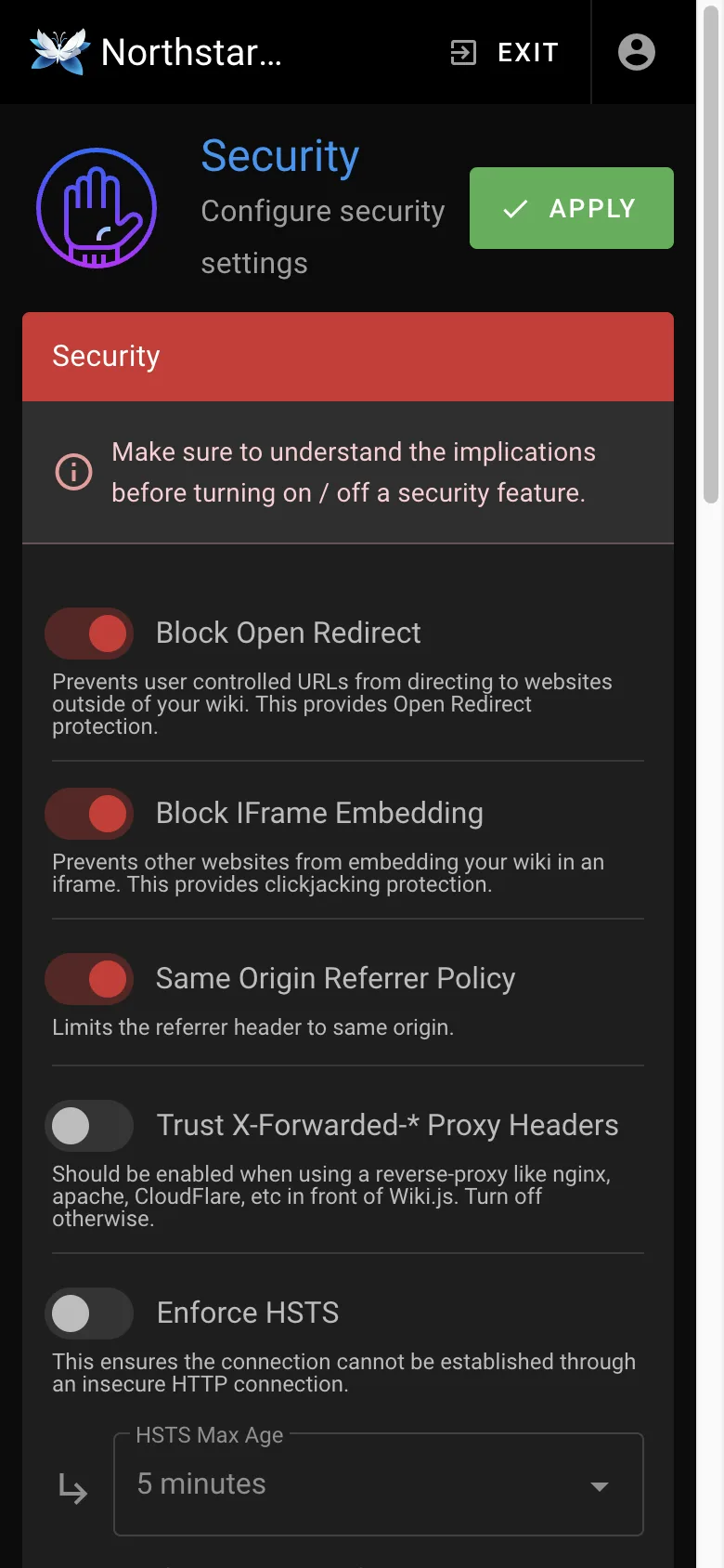 Security settings - mobile dark theme in the Wiki.js interface