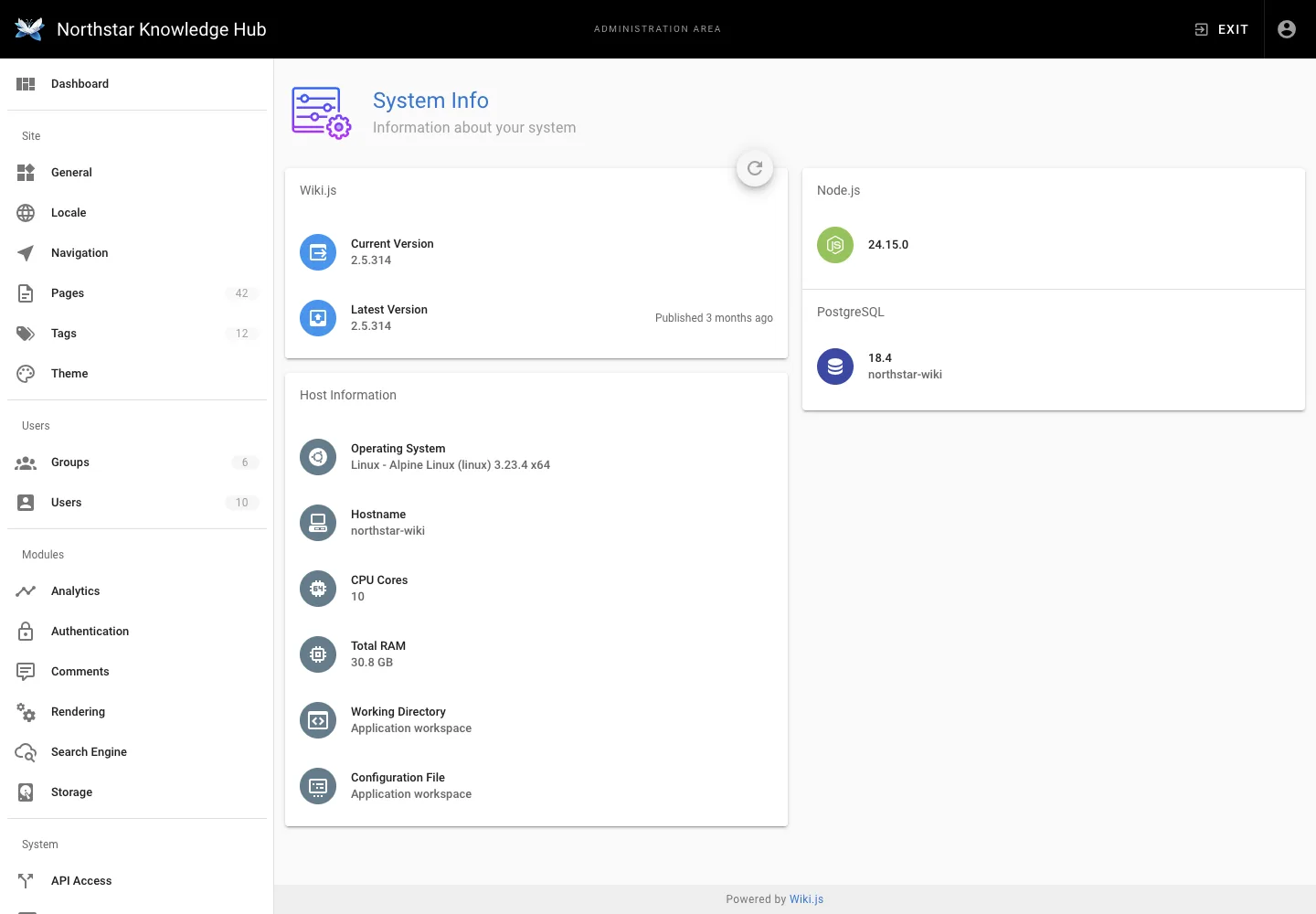 System information - desktop light theme in the Wiki.js interface
