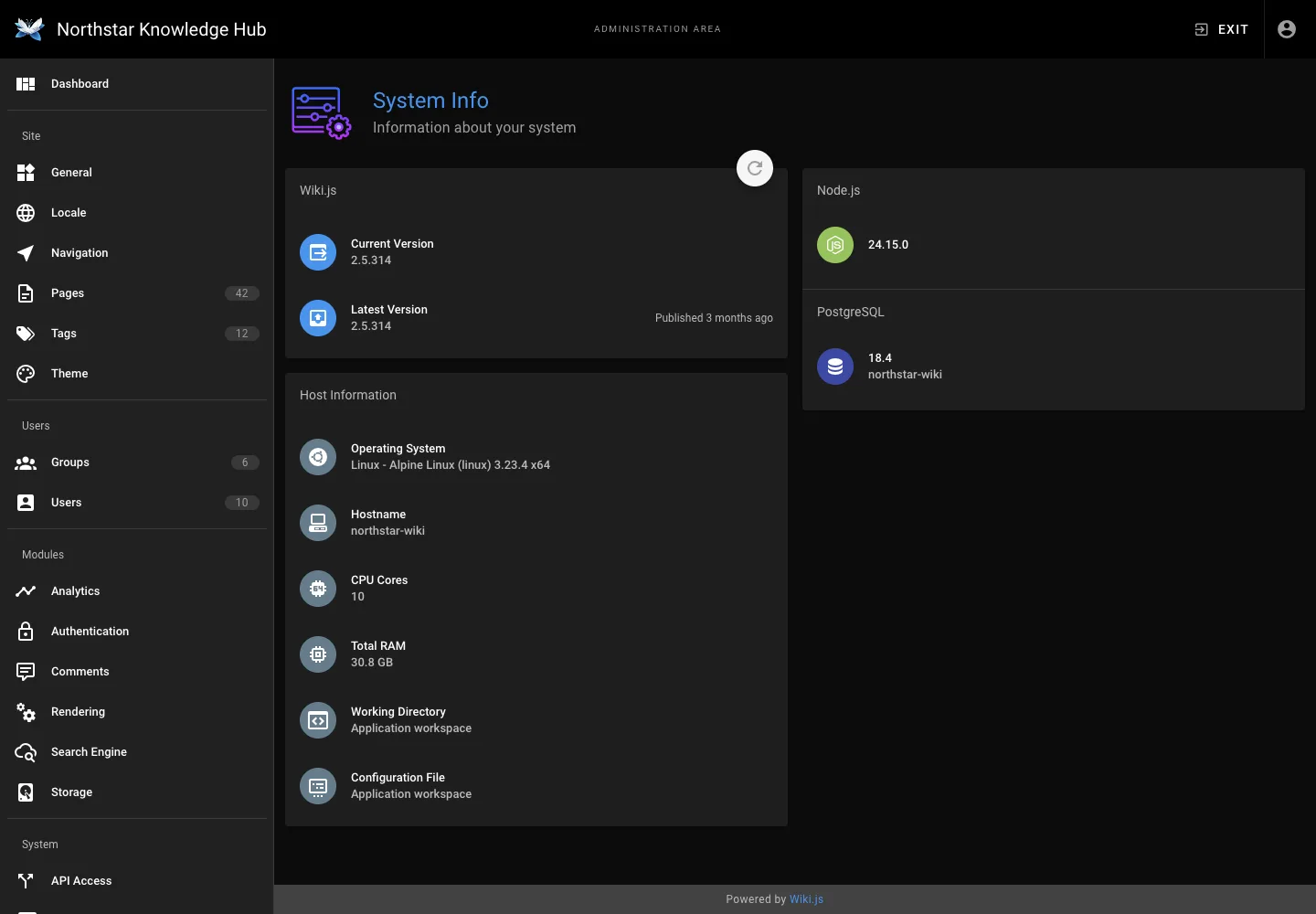 System information - desktop dark theme in the Wiki.js interface
