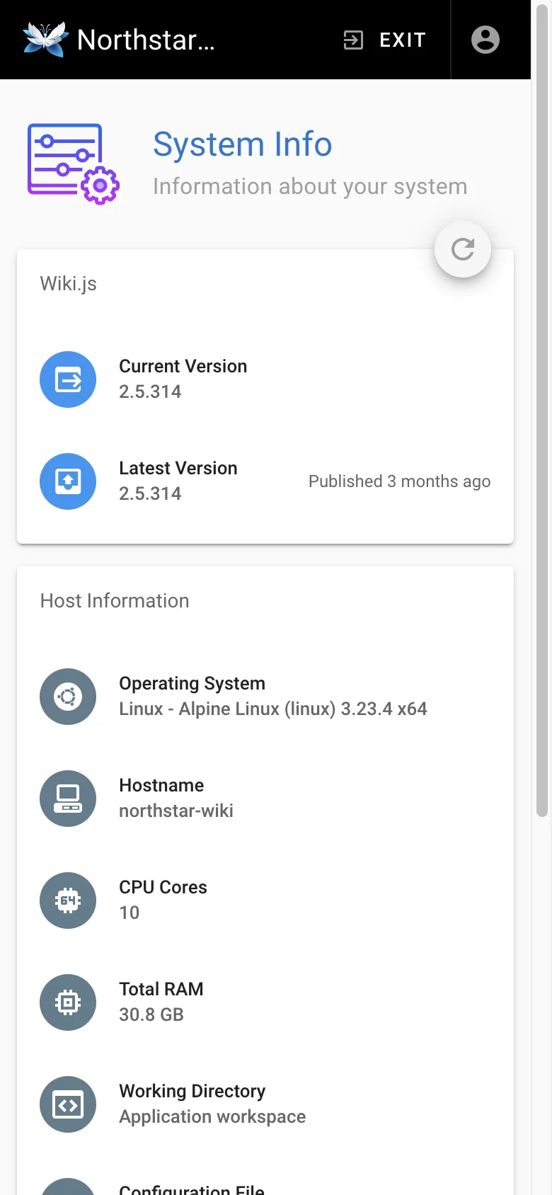 System information - mobile light theme in the Wiki.js interface