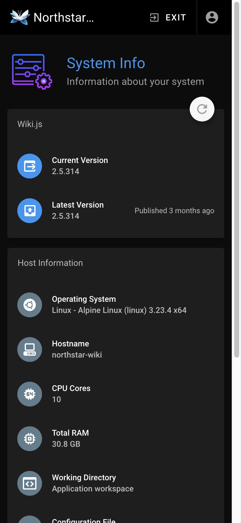 System information - mobile dark theme in the Wiki.js interface